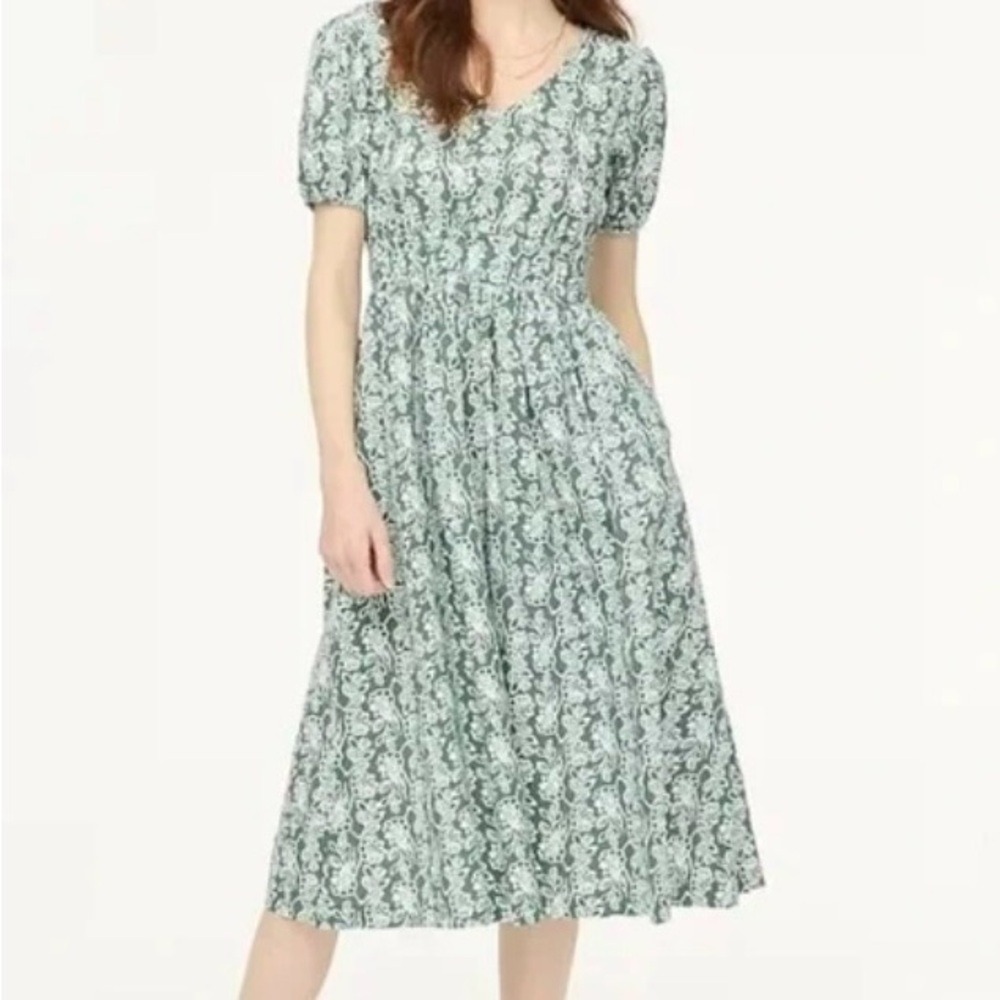 J. CREW Factory Pale Spinach Eucalyptus Green Poplin Smocked Waist Midi Dress 12